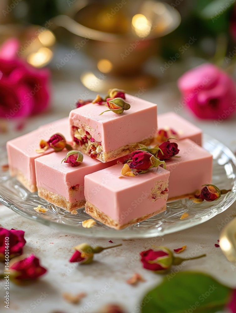 Square-shaped dessert on a glass plate. the dessert appears to be a pink-colored fudge with a layer of whipped cream on top. Square-shaped dessert on a glass plate. the dessert appears to be a pink-colored fudge with a layer of whipped cream on top.