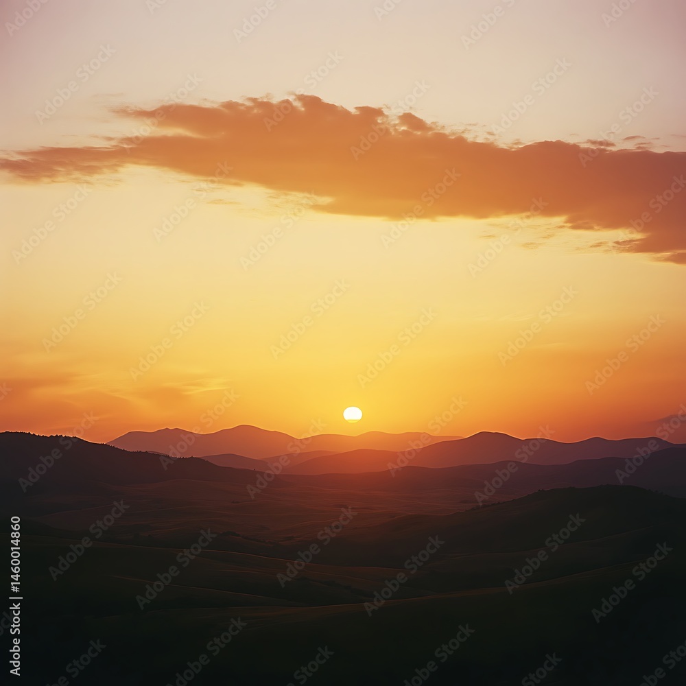 Obraz premium Golden Hour Majesty: Serene Mountain Landscape Bathed in the Warm Glow of a Breathtaking Sunset Scene.