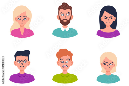 Set of portraits and avatars of man and woman.Facial expression.