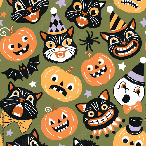 Seamless vector pattern with retro Halloween characters. Hand drawn spooky black cat and Halloween pumpkin illustration. EPS 10 vector file. Perfect for textile, wallpaper or nursery print design.