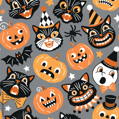 Seamless vector pattern with retro Halloween characters. Hand drawn spooky black cat and Halloween pumpkin illustration. EPS 10 vector file. Perfect for textile, wallpaper or nursery print design.