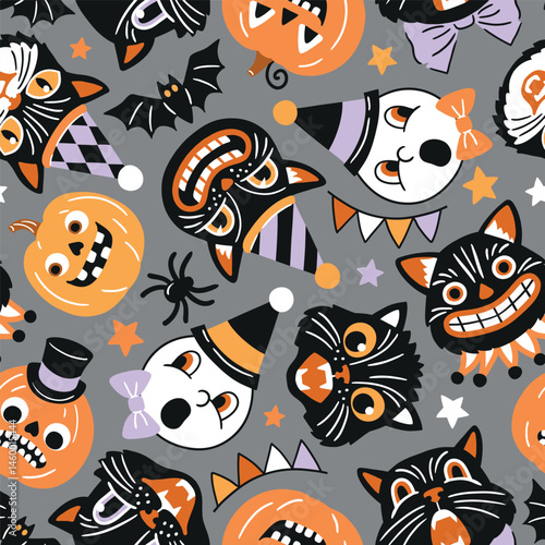 Seamless vector pattern with retro Halloween characters. Hand drawn spooky black cat and Halloween pumpkin illustration. EPS 10 vector file. Perfect for textile, wallpaper or nursery print design.