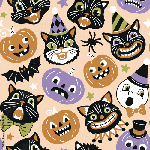 Seamless vector pattern with retro Halloween characters. Hand drawn spooky black cat and Halloween pumpkin illustration. EPS 10 vector file. Perfect for textile, wallpaper or nursery print design.