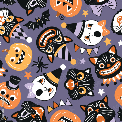 Seamless vector pattern with retro Halloween characters. Hand drawn spooky black cat and Halloween pumpkin illustration. EPS 10 vector file. Perfect for textile, wallpaper or nursery print design.