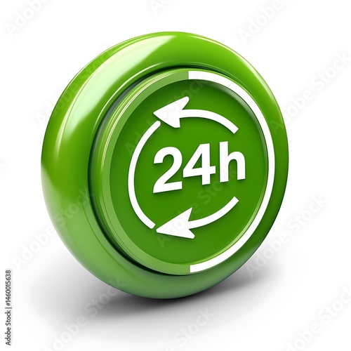 Green Button with Arrow Circle: Round-the-Clock Availability Representation, symbolizing continuous operation, assistance, and prompt service for immediate needs.