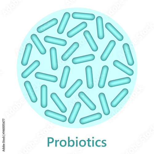 Probiotics, microbiome flora, lactobacillus bacteria in circle.