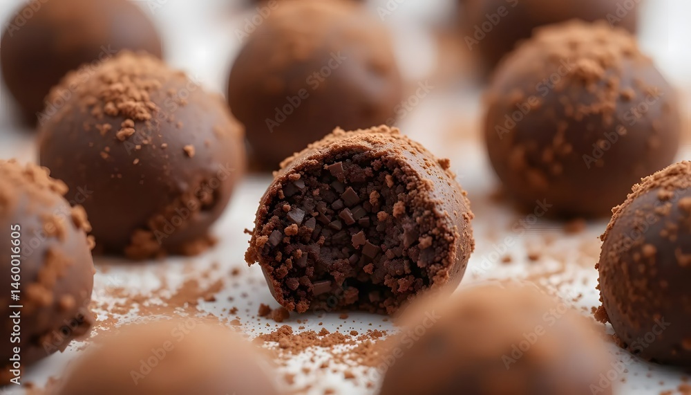 Close-up of raw vegan chocolate truffles with cocoa dusting, soft texture, rich tones, photorealism, white background Close-up of raw vegan chocolate truffles with cocoa dusting, soft texture, rich tones, photorealism, white background
