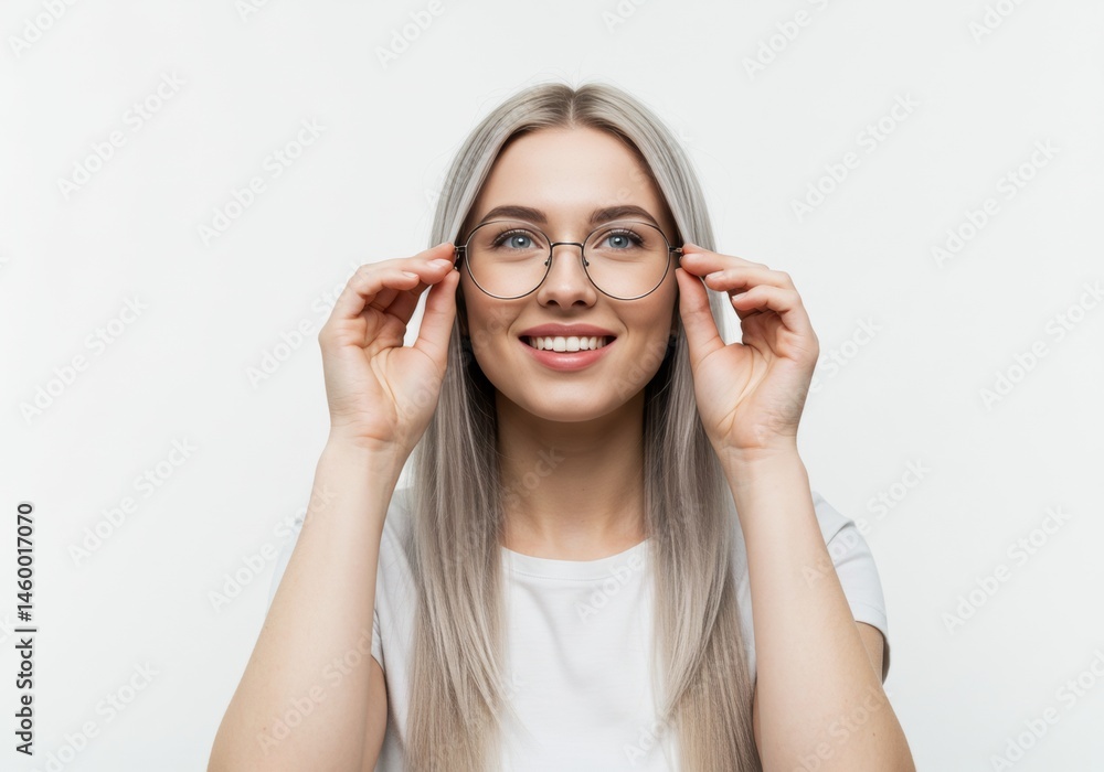Smiling Woman Adjusting Round Glasses Frames on White Background Smiling Woman Adjusting Round Glasses Frames on White Background