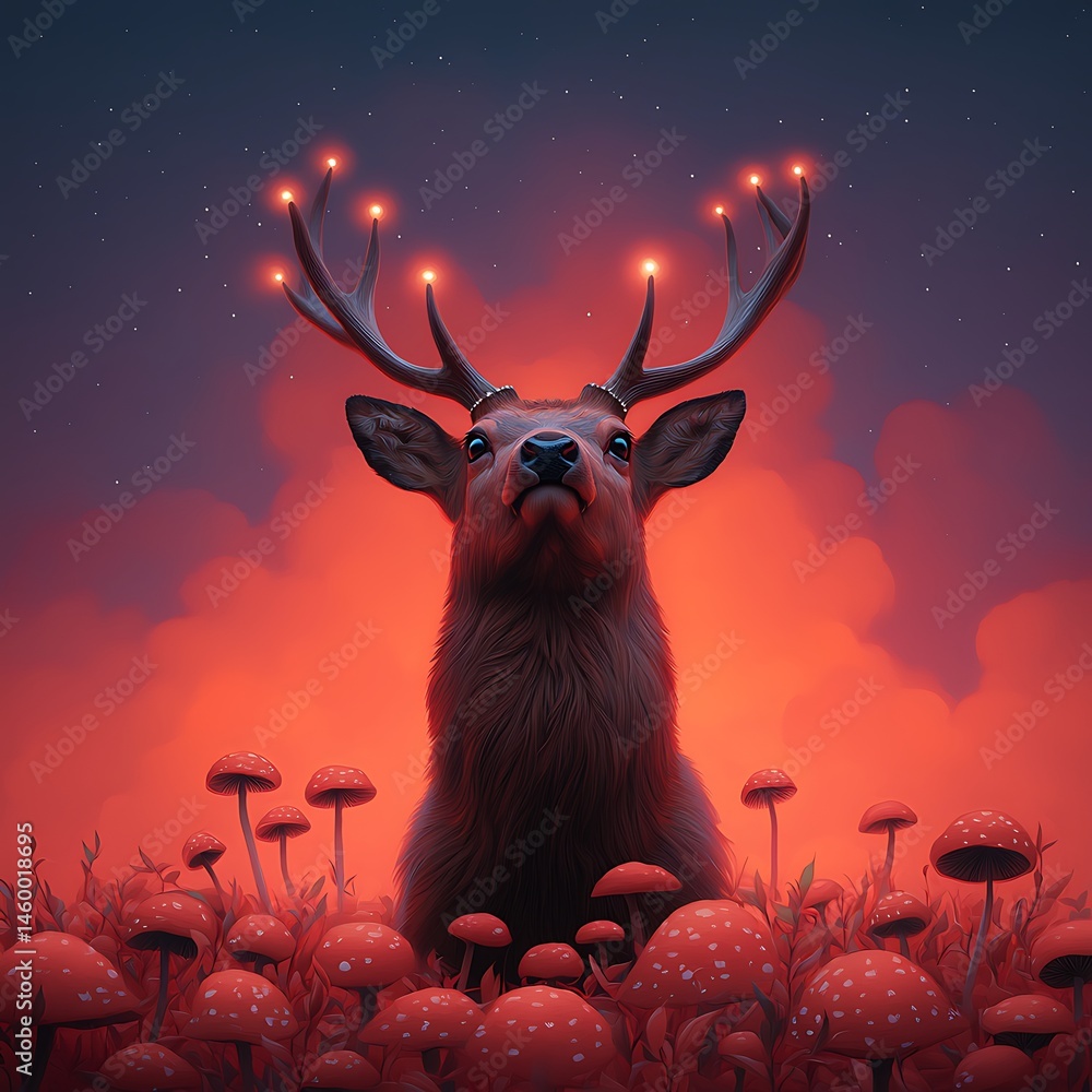 Luminous Deer in a Red Mushroom Field at Night Luminous Deer in a Red Mushroom Field at Night