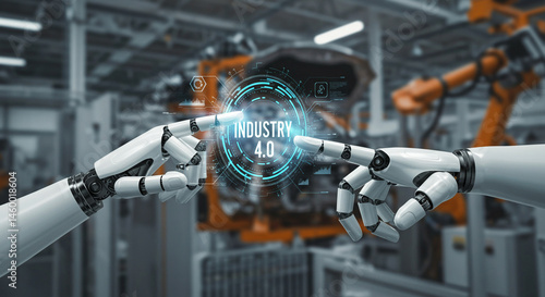 Two robotic arms pointing at industry four point zero interface in a factory setting image business, data