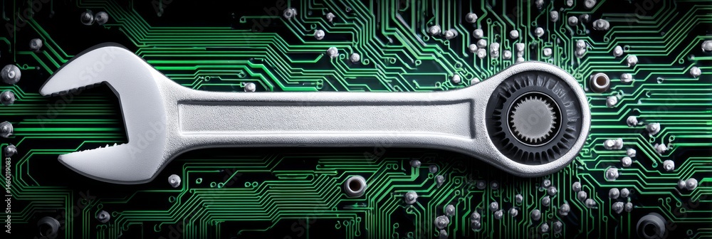 Fototapeta premium Circuit Board Repair - A wrench rests on a green circuit board, symbolizing computer repair, maintenance, or technological solutions