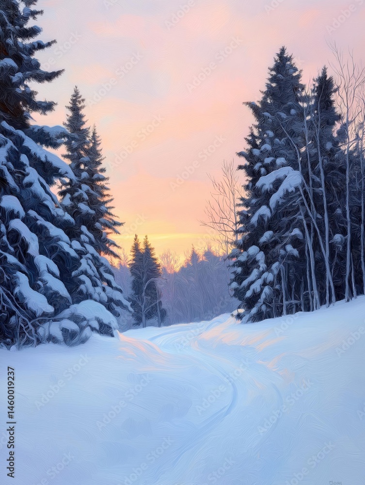 Fototapeta premium Digital painting of a snowy landscape with trees on both sides. the sky is a beautiful orange and pink color, with the sun setting in the background.