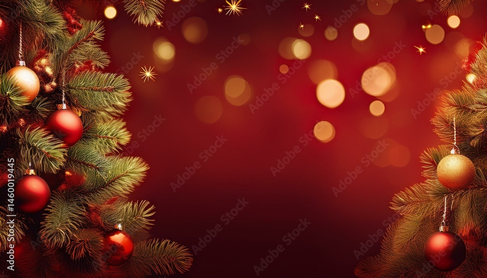 Obraz premium left side pine tree with lights and ornaments, right side empty area for text