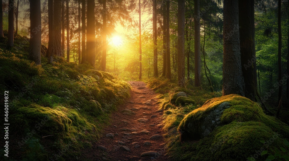 Fototapeta premium A sunlit forest path winds through mossy terrain at sunset.