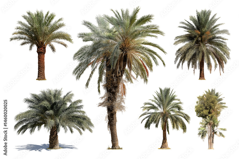 Obraz premium Collection of Six Palm Trees Isolated High-Resolution Images for Design Projects