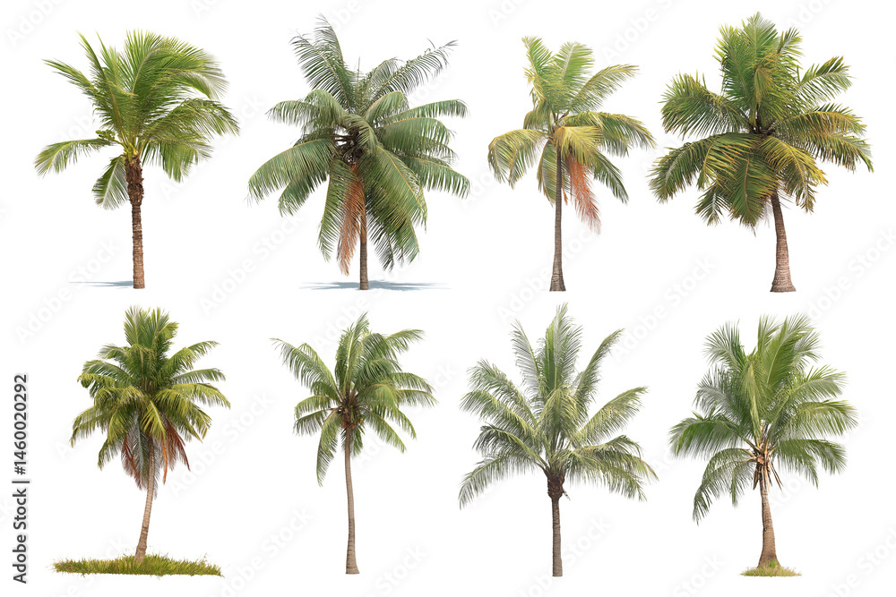 Fototapeta premium Collection of Tropical Coconut Palm Trees Isolated on White Background