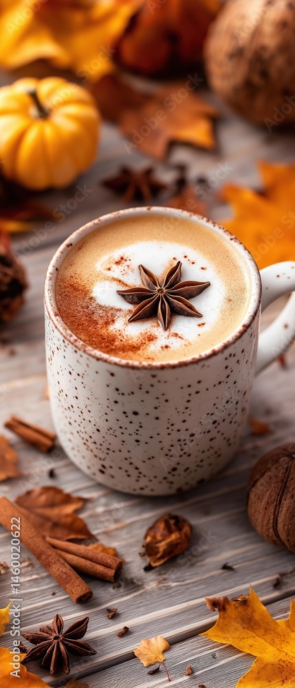 Fototapeta premium Close-up of a cup of coffee on a wooden table. the cup is white with black speckles and has a handle on the side. the coffee is frothy and has anise star on top.