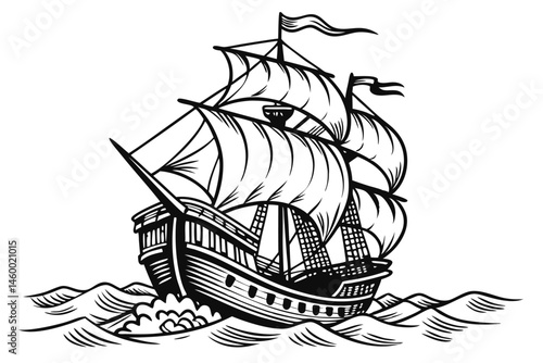 51 Detailed black and white illustration, vintage sailing ship, woodcut style, intricate linework, high contrast, nautical theme, waves, single mast, billowing sails, old-fashioned vessel, maritime ar