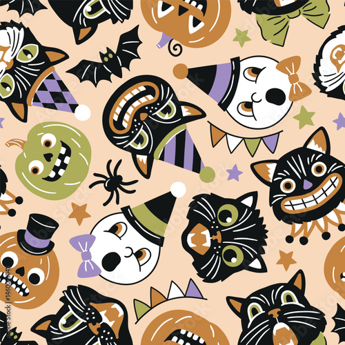 Seamless vector pattern with retro Halloween characters. Hand drawn spooky black cat and Halloween pumpkin illustration. EPS 10 vector file. Perfect for textile, wallpaper or nursery print design.
