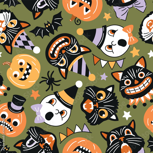 Seamless vector pattern with retro Halloween characters. Hand drawn spooky black cat and Halloween pumpkin illustration. EPS 10 vector file. Perfect for textile, wallpaper or nursery print design.