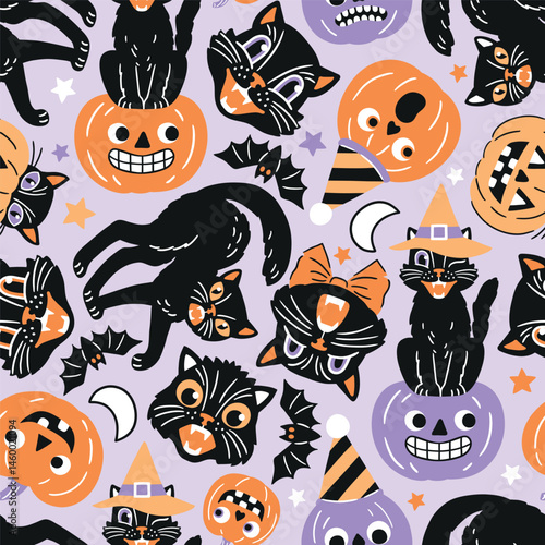 Seamless vector pattern with retro Halloween characters. Hand drawn spooky black cat and Halloween pumpkin illustration. EPS 10 vector file. Perfect for textile, wallpaper or nursery print design.