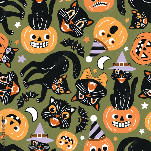 Seamless vector pattern with retro Halloween characters. Hand drawn spooky black cat and Halloween pumpkin illustration. EPS 10 vector file. Perfect for textile, wallpaper or nursery print design.
