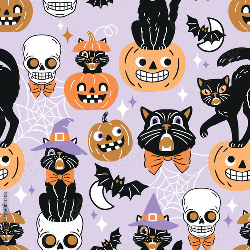 Seamless vector pattern with retro Halloween characters. Hand drawn spooky black cat and Halloween pumpkin illustration. EPS 10 vector file. Perfect for textile, wallpaper or nursery print design.
