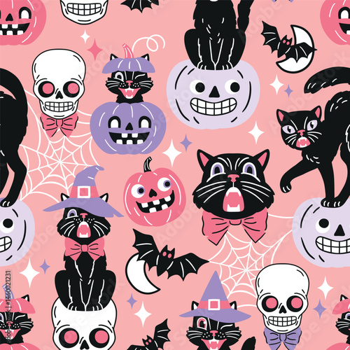 Seamless vector pattern with retro Halloween characters. Hand drawn spooky black cat and Halloween pumpkin illustration. EPS 10 vector file. Perfect for textile, wallpaper or nursery print design.
