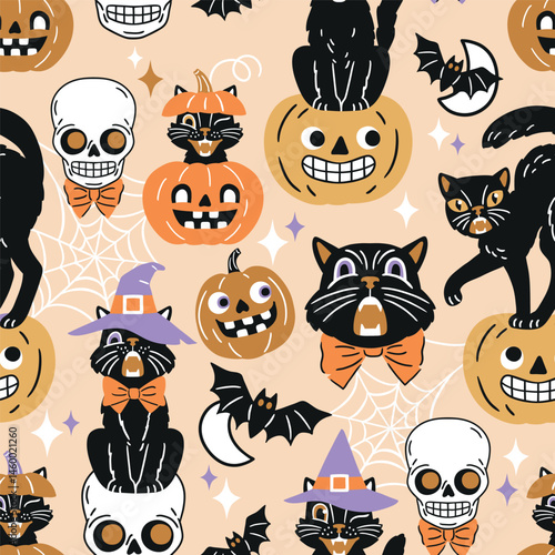 Seamless vector pattern with retro Halloween characters. Hand drawn spooky black cat and Halloween pumpkin illustration. EPS 10 vector file. Perfect for textile, wallpaper or nursery print design.