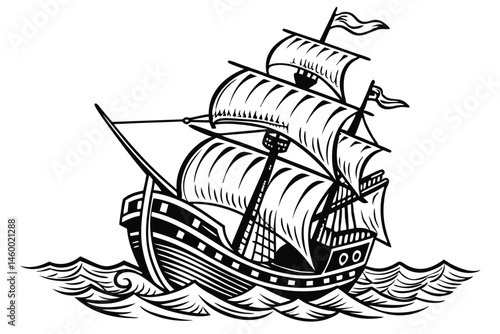 51 Detailed black and white illustration, vintage sailing ship, woodcut style, intricate linework, high contrast, nautical theme, waves, single mast, billowing sails, old-fashioned vessel, maritime ar