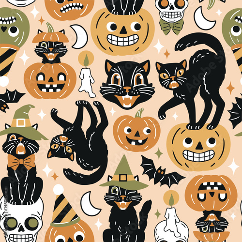 Seamless vector pattern with retro Halloween characters. Hand drawn spooky black cat and Halloween pumpkin illustration. EPS 10 vector file. Perfect for textile, wallpaper or nursery print design.