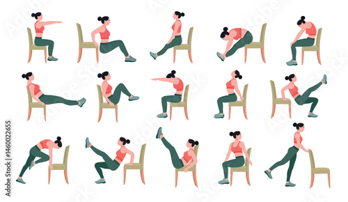 Chair stretching exercises set. woman doing fitness and yoga exercises with chair.