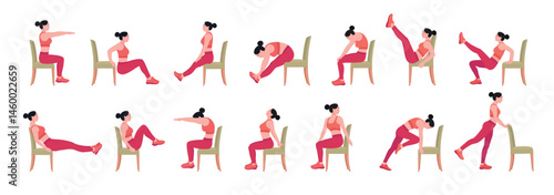 Chair stretching exercises set. woman doing fitness and yoga exercises with chair.