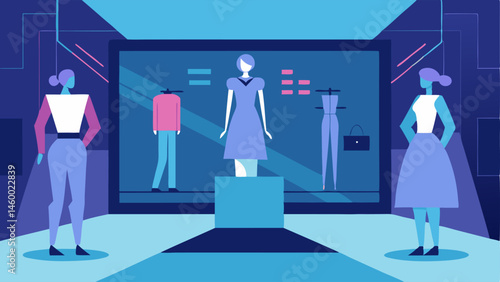 Fashion Showroom A smart mirror displaying virtual runway shows with fashionable outfits that users can try on virtually with a holographic runway model.