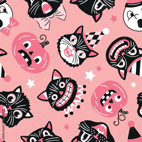 Seamless vector pattern with retro Halloween characters. Hand drawn spooky black cat and Halloween pumpkin illustration. EPS 10 vector file. Perfect for textile, wallpaper or nursery print design.