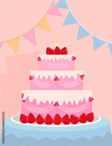 Bright pink cake with strawberries and festive flags