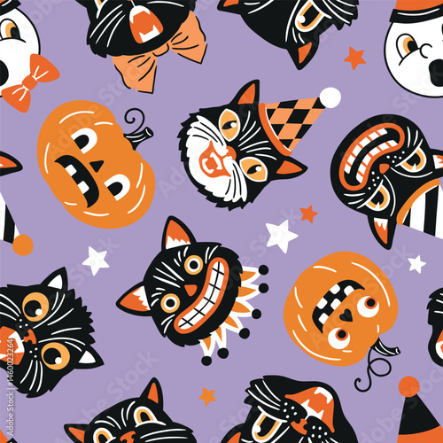 Seamless vector pattern with retro Halloween characters. Hand drawn spooky black cat and Halloween pumpkin illustration. EPS 10 vector file. Perfect for textile, wallpaper or nursery print design.