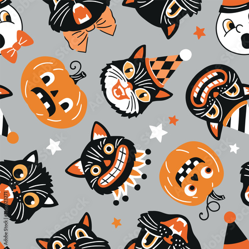 Seamless vector pattern with retro Halloween characters. Hand drawn spooky black cat and Halloween pumpkin illustration. EPS 10 vector file. Perfect for textile, wallpaper or nursery print design.
