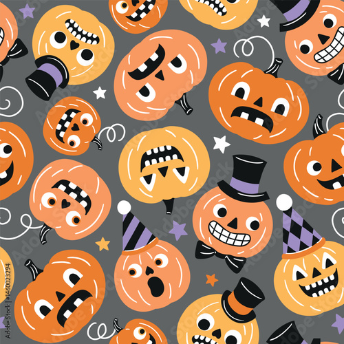 Seamless vector pattern with retro Halloween characters. Hand drawn spooky black cat and Halloween pumpkin illustration. EPS 10 vector file. Perfect for textile, wallpaper or nursery print design.