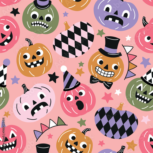 Seamless vector pattern with cute retro Halloween pumpkins. EPS 10 vector file. Perfect for textile, wallpaper or nursery print design.