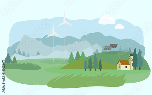 Mountain landscape with windmills, houses and solar panels