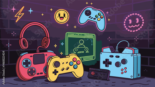 Comic-Style Gaming Elements with Controllers, Joysticks, Speech Bubbles, Power-Ups, and Fun Gamer Icon Set