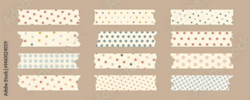 WebSet of decorative ripped washi tapes with polka dot patterns in pastel retro colors. Torn edges, flat vector style. Ideal for scrapbooking, journaling, planners, digital collages
