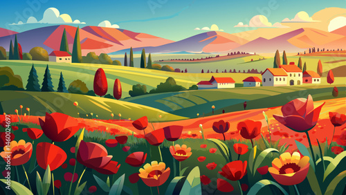 field with red poppies in village outskirts. mountainous countryside landscape with flowers in summer. blooming rural scenery of ukraine in evening light. blurred background