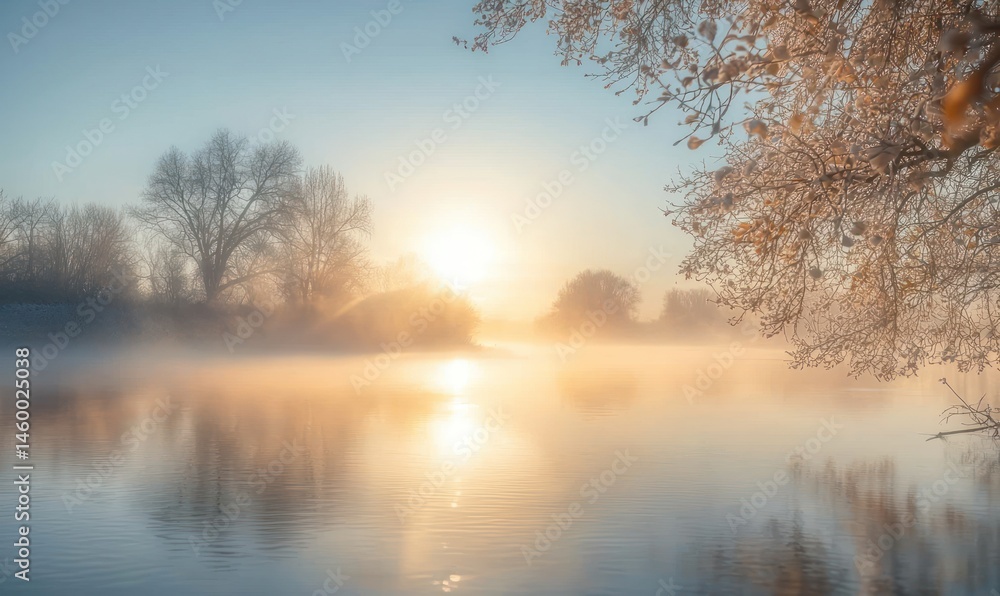 Misty sunrise over calm river, reflecting golden light, trees frosted with winter's touch Misty sunrise over calm river, reflecting golden light, trees frosted with winter's touch