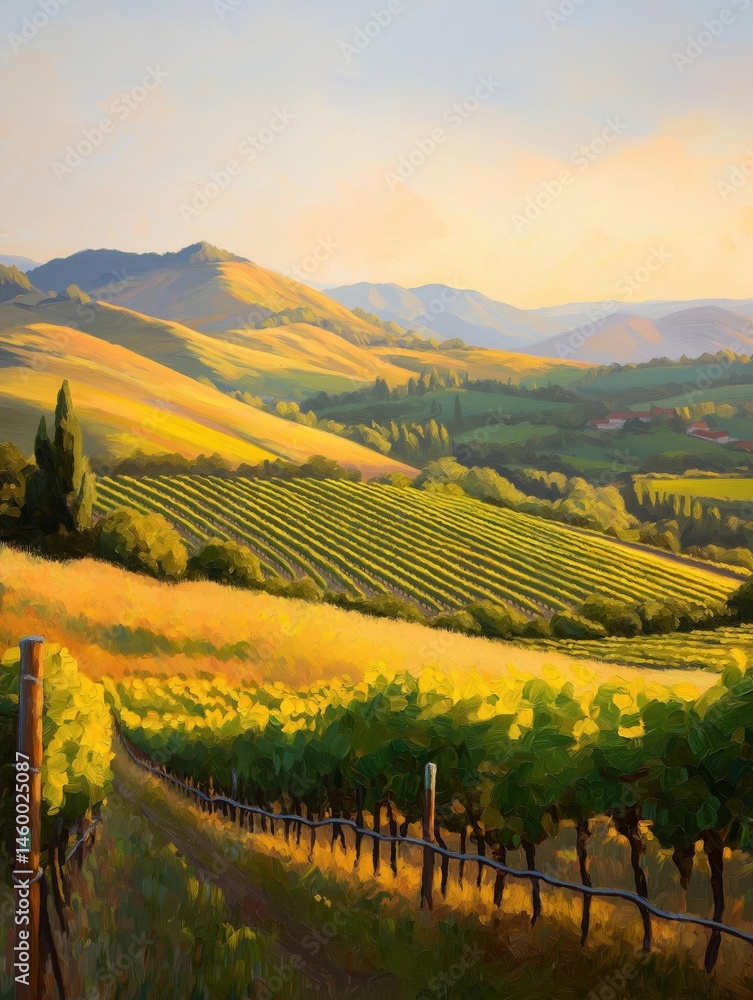 Naklejka premium Landscape painting of a vineyard at sunset. the sky is painted in a warm orange and yellow hue, with the sun setting in the background.