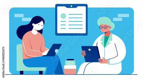 DoctorPatient Interaction A doctor and patient sitting together with a tablet showing a secure blockchain network dashboard demonstrating patient access to their own medical