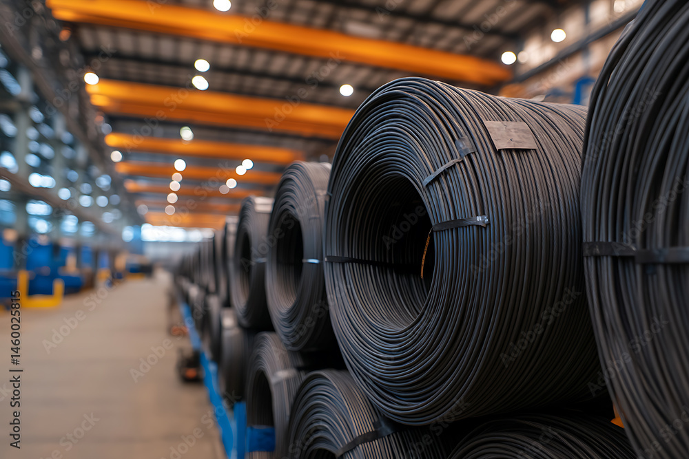 Rows of metal coils, bound and stacked in a factory setting, ready for use. Industrial manufacturing showcases material strength and utility. Rows of metal coils, bound and stacked in a factory setting, ready for use. Industrial manufacturing showcases material strength and utility.