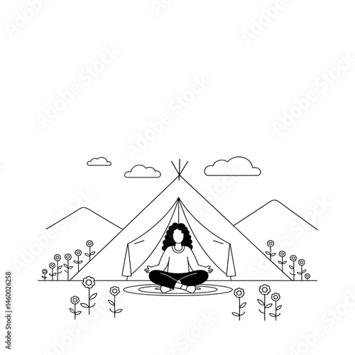 Girl meditating in front of a tent surrounded by wildflowers