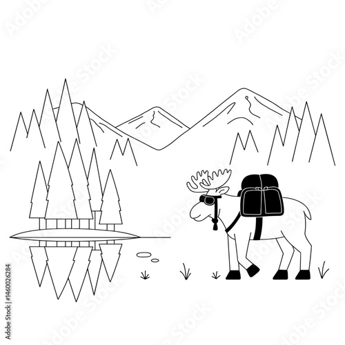 Moose hiking with a backpack near a mountain lake